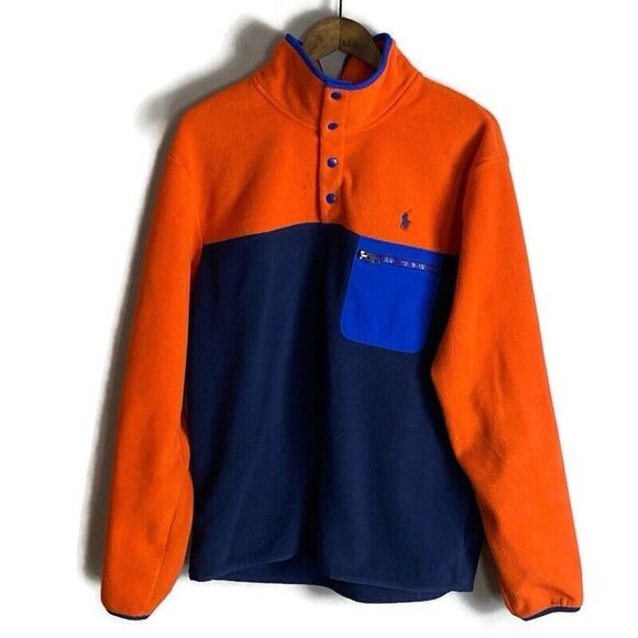 Polo Ralph Lauren Other - POLO RALPH LAUREN Mens Orange Blue Colorblock Fleece Jacket Size L T Snap Logo